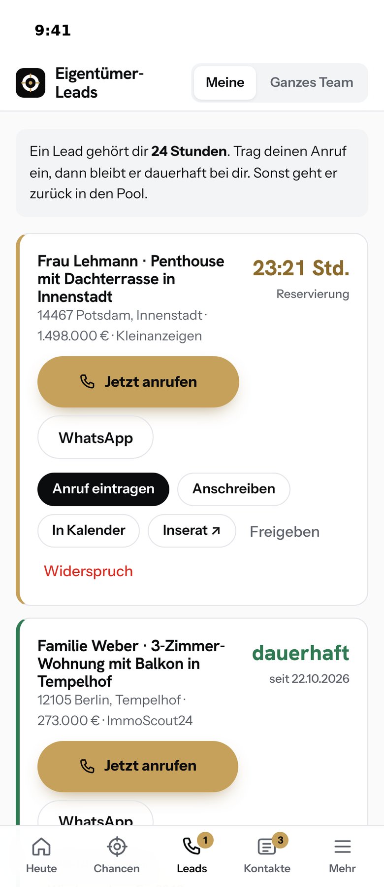 Eigentümer-Leads mit Reservierung und Knopf „Jetzt anrufen“